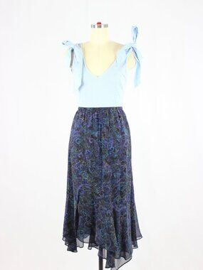 Vintage 00's CHICO'S Black Blue Paisley Silk Georgette Ruffle Midi Skirt, Size S